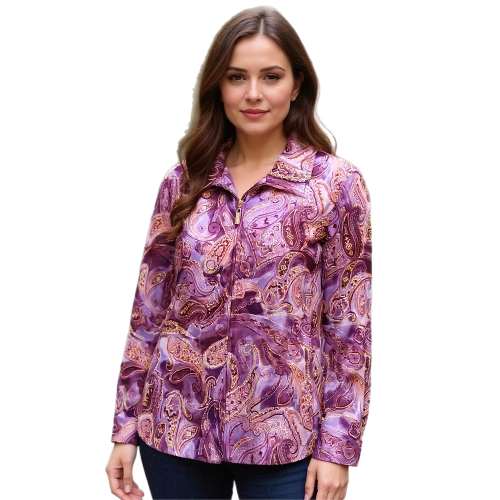 Vintage St. John Sport By Marie Gray Purple Paisley Zip Up Jacket Size L Pockets